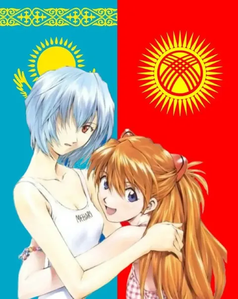 Asuka Hugs Rei Between Flags