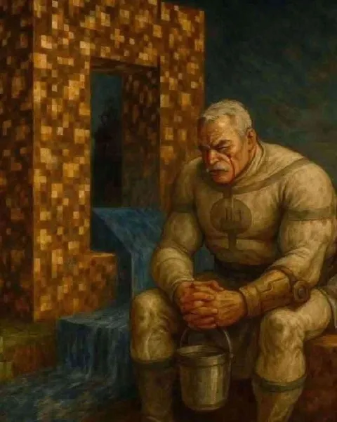 Уставший воин у водопада