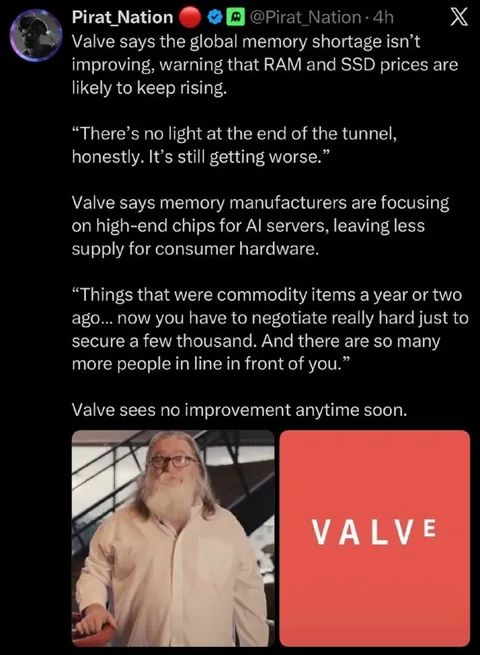 Valve Says Memory Prices Keep Rising