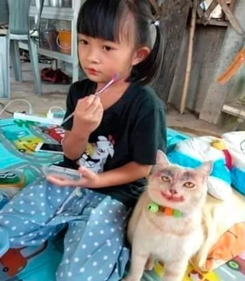 Девочка и улыбающийся кот