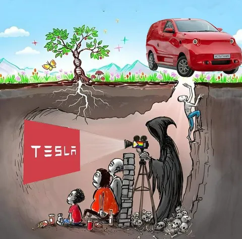 Tesla наверху, люди внизу