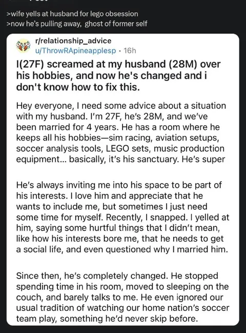 Wife Regrets Mocking Husband’s Hobbies