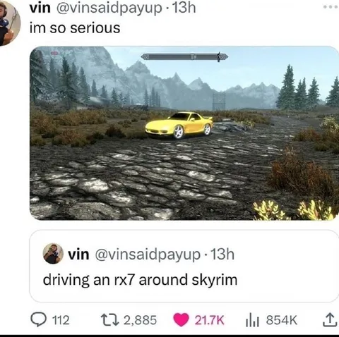 Driving an RX-7 Around Skyrim