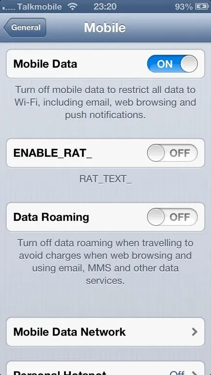 Enable Rat Mobile Setting