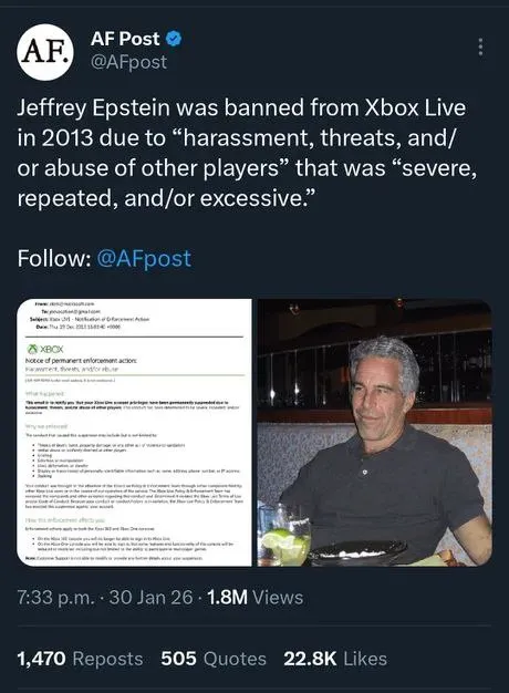 Jeffrey Epstein Banned From Xbox Live