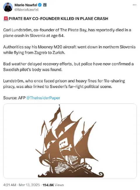 Pirate Bay Co-Founder Plane Crash