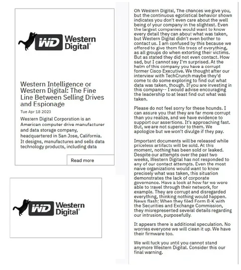 Western Digital Ransomware Letter