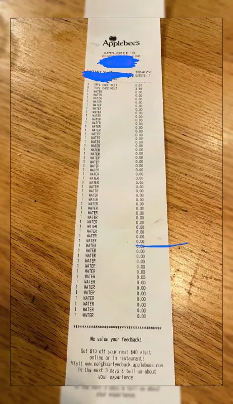 Applebee's Water Receipt