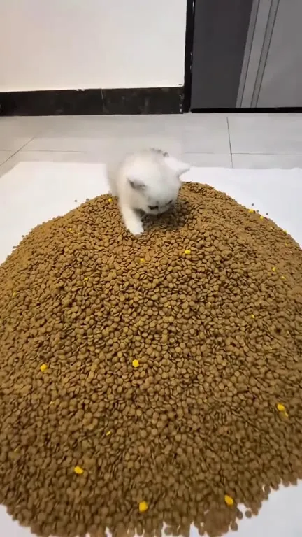 Котёнок тонет в корме