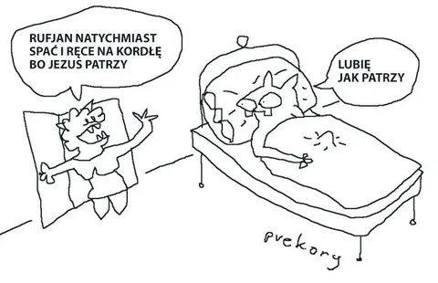 Jezus patrzy, ręce na kołdrę
