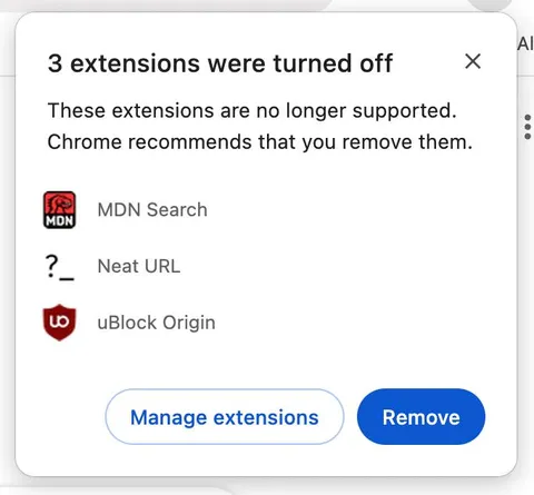 Chrome Turns Off Essential Extensions