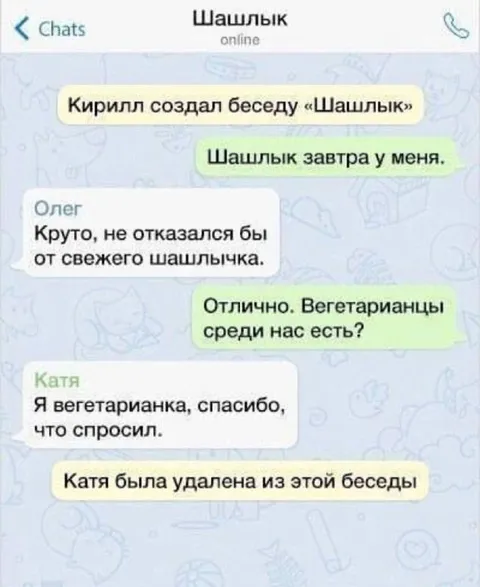 Вегетарианка в беседе про шашлык