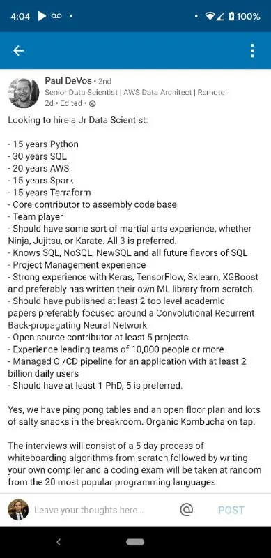 Impossible Junior Data Scientist Requirements