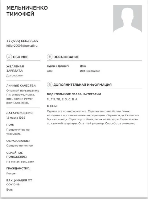 Резюме Тимофея Мельниченко