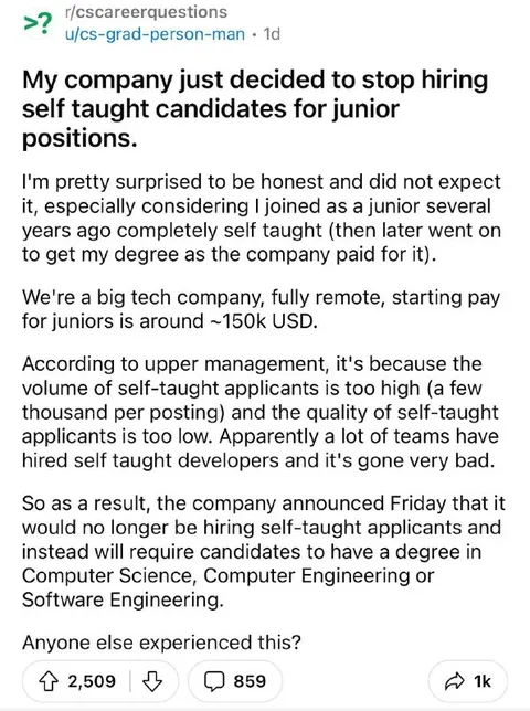 Company Stops Hiring Self-Taught Juniors