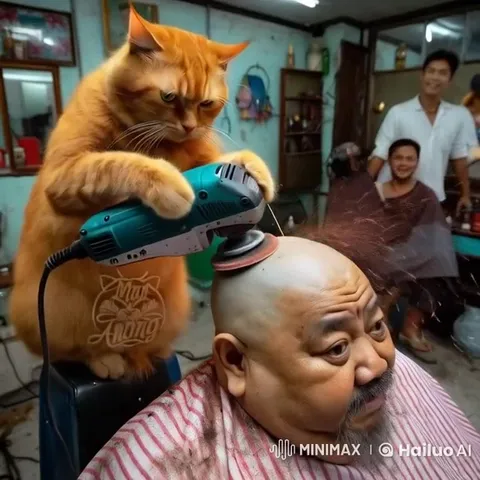 Кот стрижёт лысого мужчину