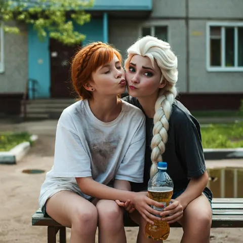 Поцелуй подруги на скамейке