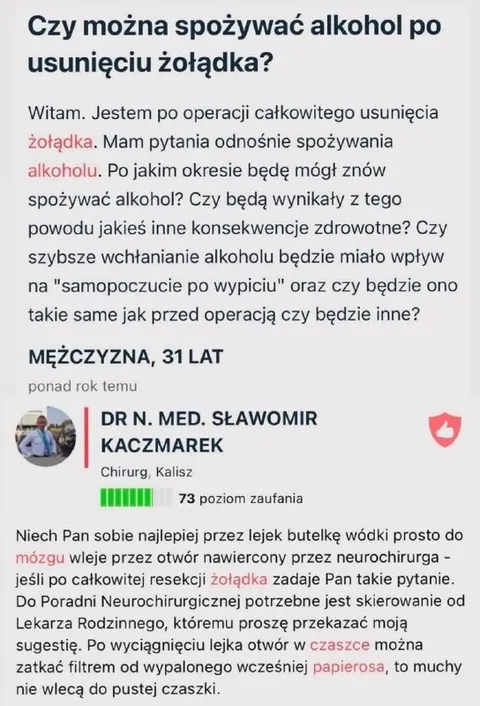 Wódka po usunięciu żołądka