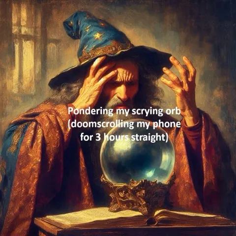 Wizard Doomscrolling the Crystal Ball