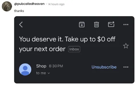 Zero Dollars Off Your Order