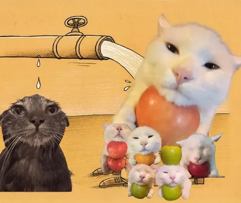 Коты с яблоками и трубой