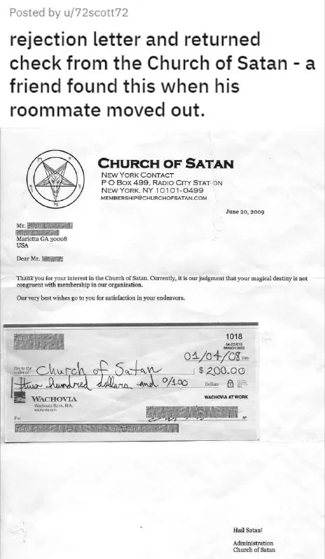 Church of Satan Rejection Letter