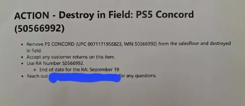 PS5 Concord Destruction Notice