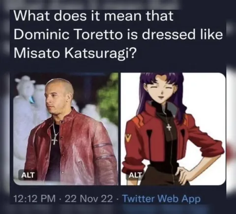 Dominic Toretto dressed as Misato
