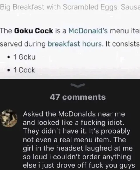 Fake Goku Cock McDonald’s Menu