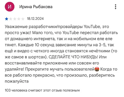 Однозвёздочный отзыв YouTube