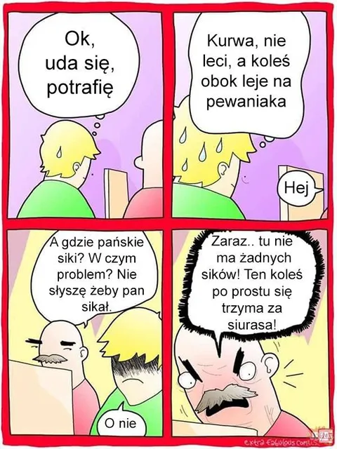 Koleś trzyma się za siurasa