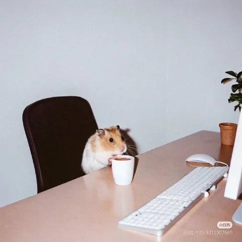 Хомяк за компьютером с кофе