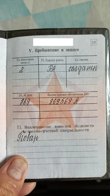 Военный билет повара в запасе