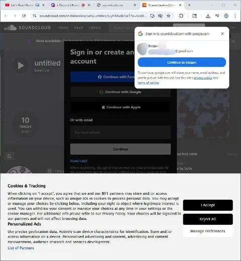 SoundCloud Login Cookie Popup Chaos