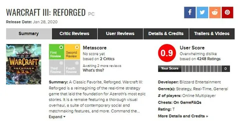 Warcraft III: Reforged 0.9 User Score
