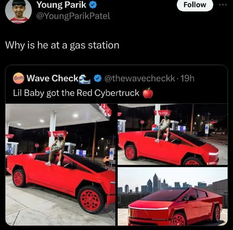Lil Baby Red Cybertruck at Gas Station