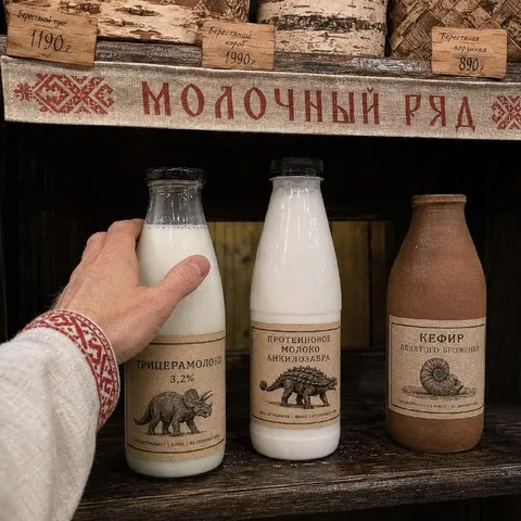 Молочный ряд с молоком динозавров