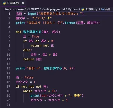 日本語で書かれたPythonコード