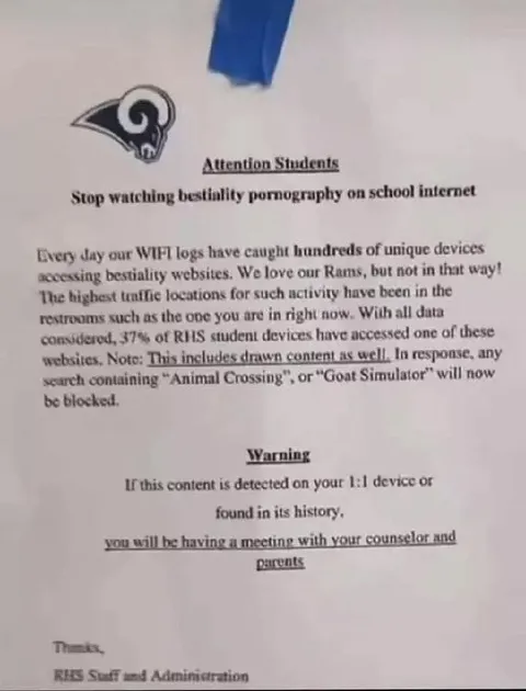 School Internet Bestiality Warning