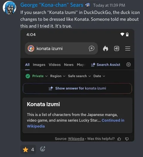DuckDuckGo Konata Izumi Easter Egg