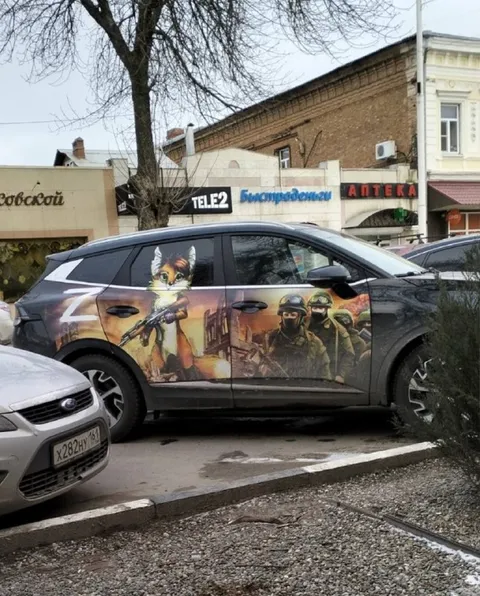 Лис в камуфляже на машине