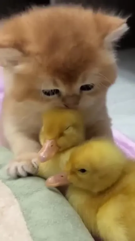 Котёнок обнимает утят