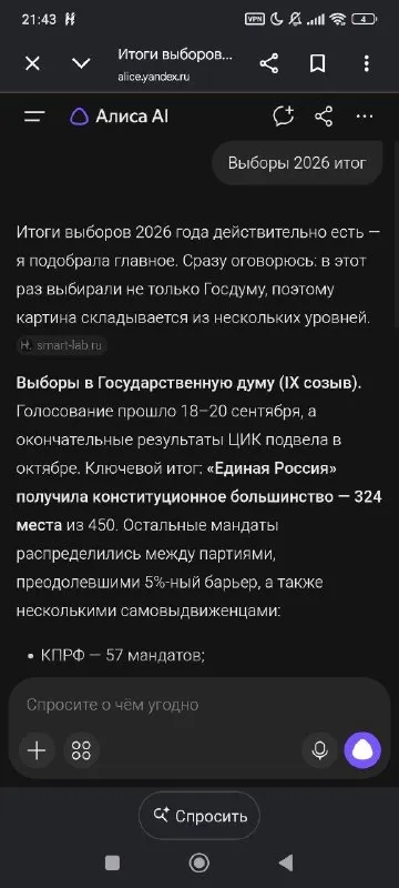 Алиса выдумала итоги выборов