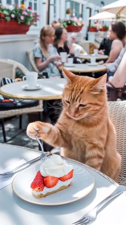 Кот ест торт в кафе