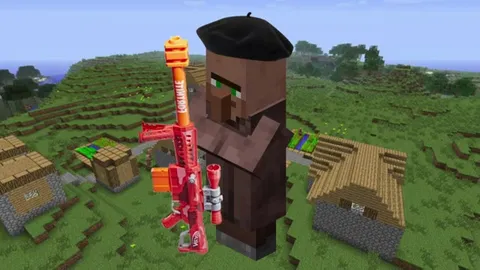 Житель Minecraft с огромной пушкой