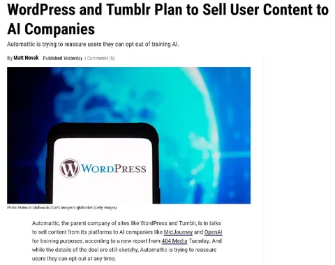 WordPress Sells User Content to AI