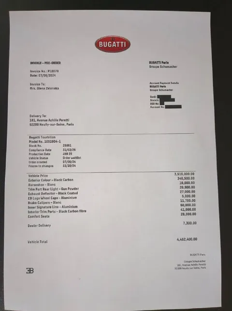 Bugatti Invoice for Humanitarian Aid