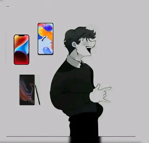 Аниме парень показывает смартфоны